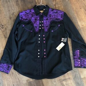 Scully Black Western Shirt with Purple Floral Yoke and Cuffs